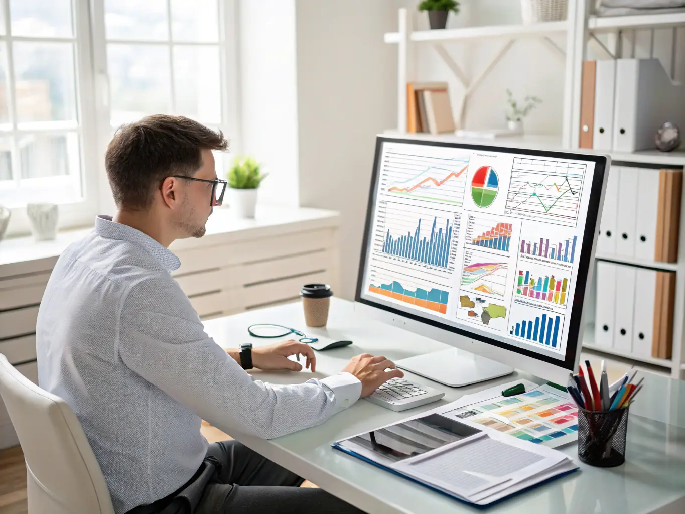 A business analyst is conducting a market analysis, reviewing data on a laptop with charts and graphs displayed, in a modern office setting.